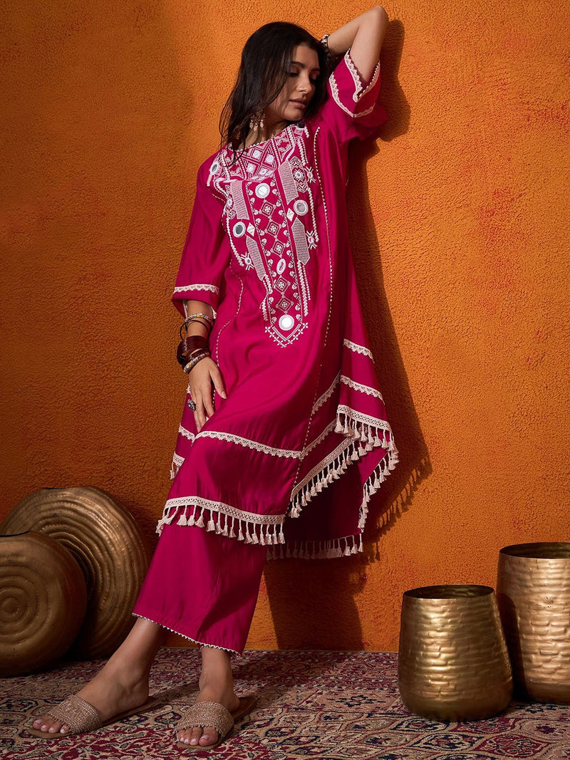 Floral Embroidered Regular Mirror Work A-Line Kurta with Palazzo
