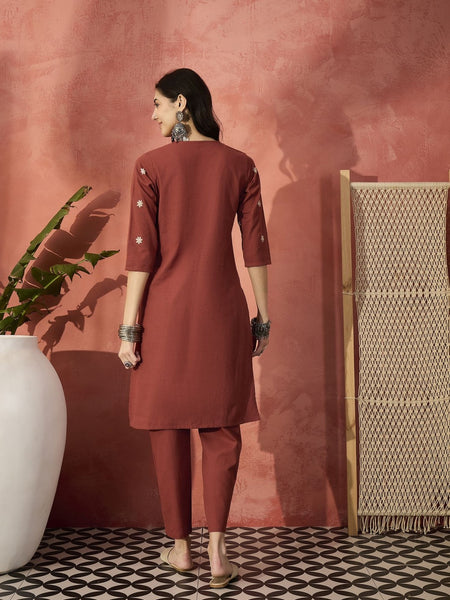 Floral Embroidered V-Neck Straight Pure Cotton Kurta With Trousers Plus Size Kurta Set