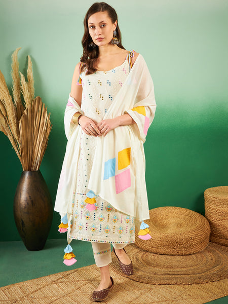 Pure Cotton Embroidered Sholder Strap Kurta With Pant & Dupatta Kurta Set