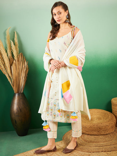 Pure Cotton Embroidered Sholder Strap Kurta With Pant & Dupatta Kurta Set