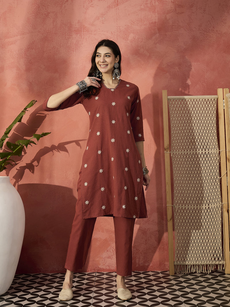 Rust Floral Embroidered Kurta With Trouser Kurta Set