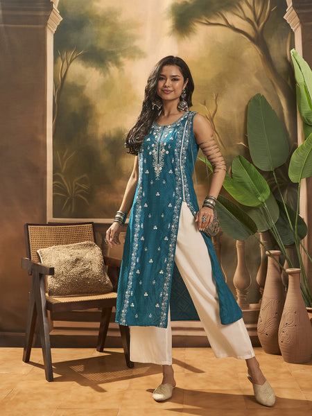 Women Embroidered Front Cut Kurta With Trouser