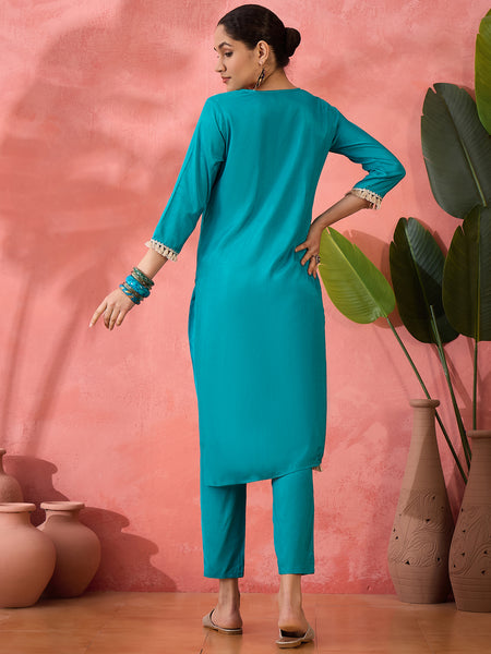 Embroidered Straight Kurta & Palazzo With Bag