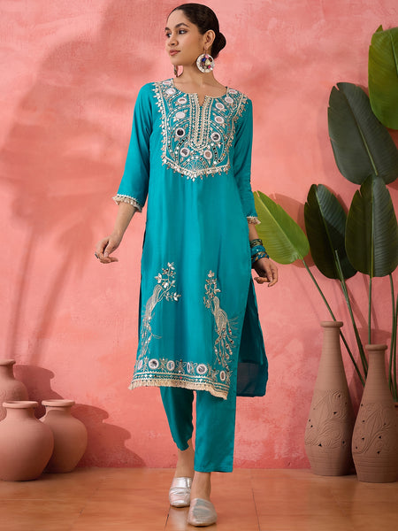Embroidered Straight Kurta & Palazzo With Bag