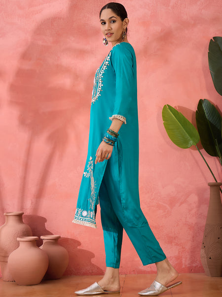 Embroidered Straight Kurta & Palazzo With Bag