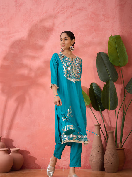 Embroidered Straight Kurta & Palazzo With Bag