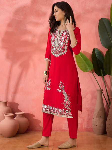 Embroidered Straight Kurta & Palazzo With Bag