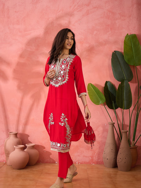 Embroidered Straight Kurta & Palazzo With Bag
