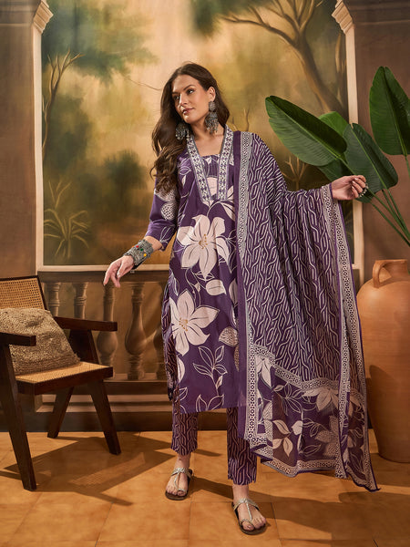 Floral Printed Pure Cotton Straight Kurta Trousers With Dupatta