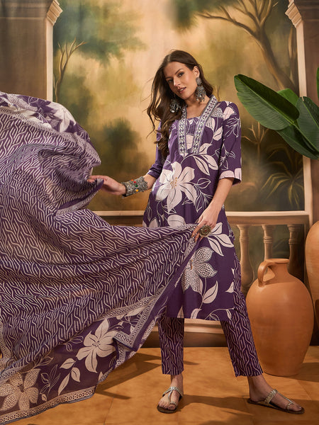 Floral Printed Pure Cotton Straight Kurta Trousers With Dupatta