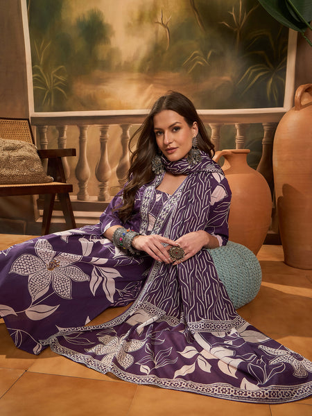 Floral Printed Pure Cotton Straight Kurta Trousers With Dupatta