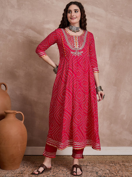 Red Bhandhej Print & Mirror Work Anarkali Kurta With Trouser & Dupatta Kurta Set
