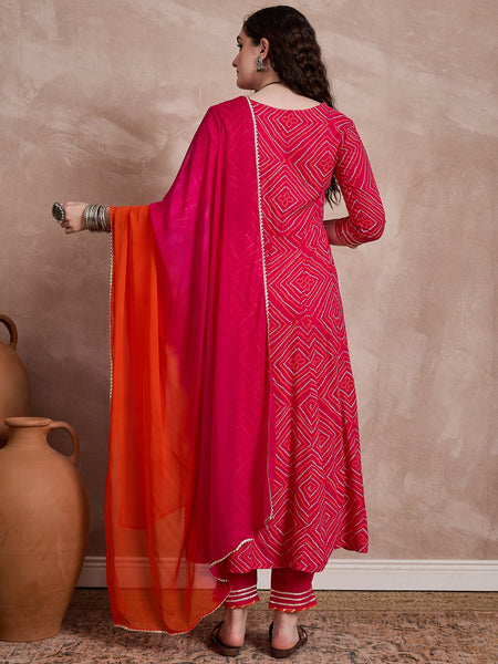 Red Bhandhej Print & Mirror Work Anarkali Kurta With Trouser & Dupatta Kurta Set