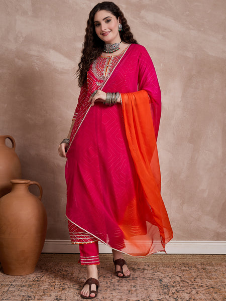 Red Bhandhej Print & Mirror Work Anarkali Kurta With Trouser & Dupatta Kurta Set