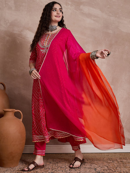 Red Bhandhej Print & Mirror Work Anarkali Kurta With Trouser & Dupatta Kurta Set