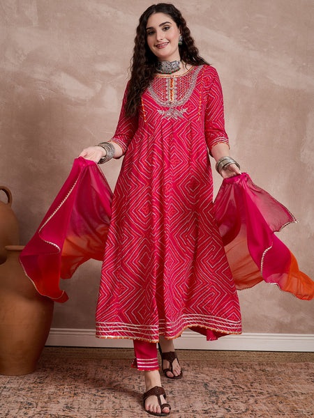 Red Bhandhej Print & Mirror Work Anarkali Kurta With Trouser & Dupatta Kurta Set