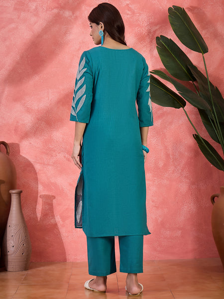 Pure Cotton Floral Embroidered Straight Kurta With Trousers