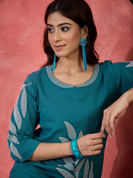 Pure Cotton Floral Embroidered Straight Kurta With Trousers