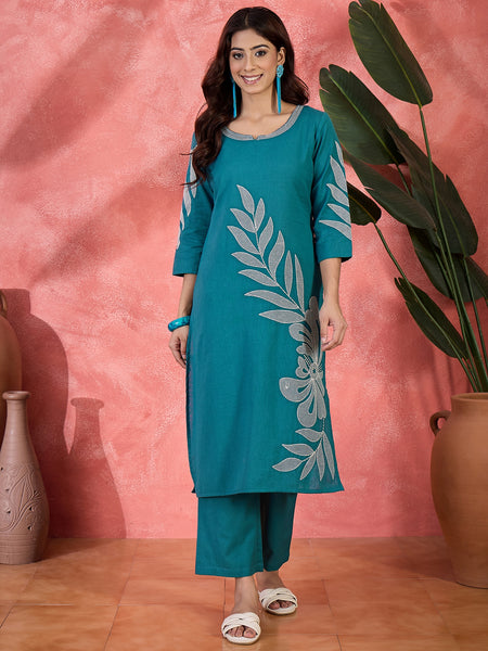 Pure Cotton Floral Embroidered Straight Kurta With Trousers