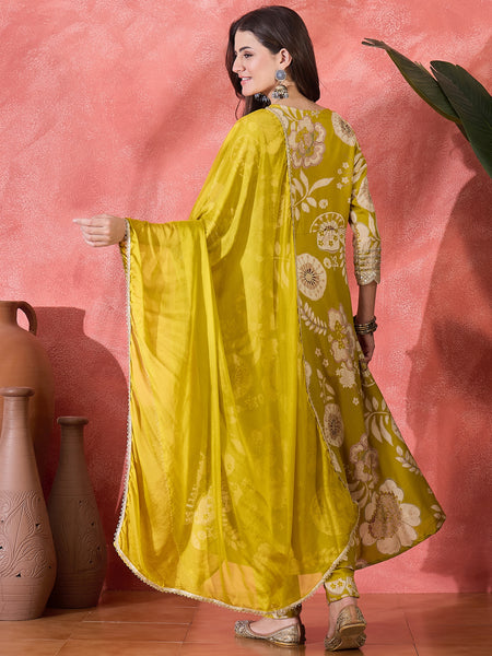 Floral Printed With Thread Work Embroidered Kurta With Trousers & Dupatta