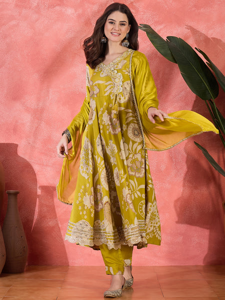 Floral Printed With Thread Work Embroidered Kurta With Trousers & Dupatta