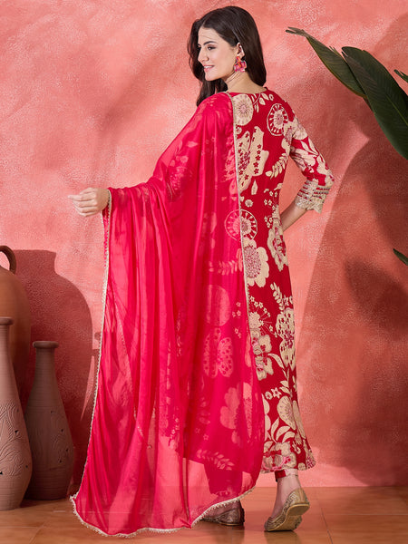 Floral Printed With Thread Work Embroidered Kurta With Trousers & Dupatta
