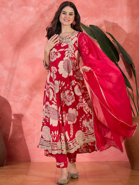 Floral Printed With Thread Work Embroidered Kurta With Trousers & Dupatta
