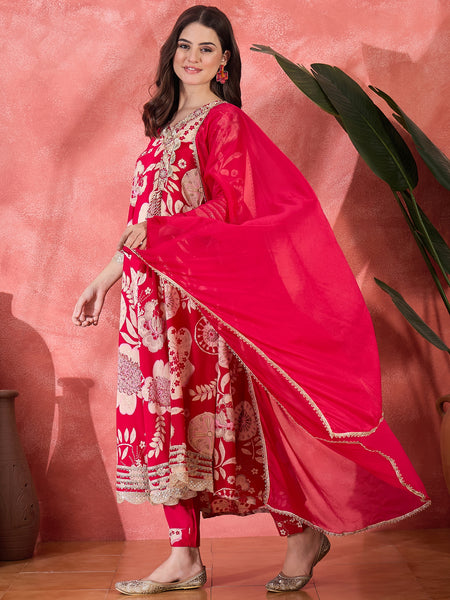 Floral Printed With Thread Work Embroidered Kurta With Trousers & Dupatta