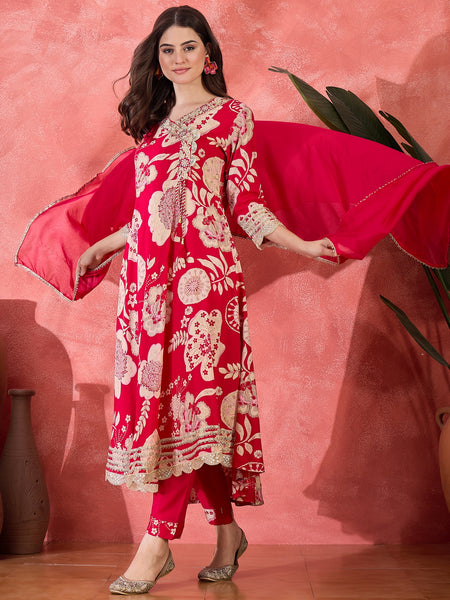 Floral Printed With Thread Work Embroidered Kurta With Trousers & Dupatta