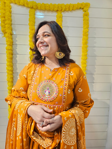 Embroidered & Printed  A-Line Kurta With Pant & Dupatta Kurta Set