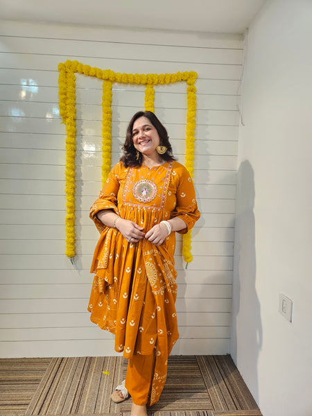 Embroidered & Printed  A-Line Kurta With Pant & Dupatta Kurta Set