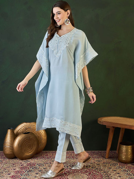 Turquoise Blue Geometric Embroidered Mirror Work Roman Silk Kurta With Trouser