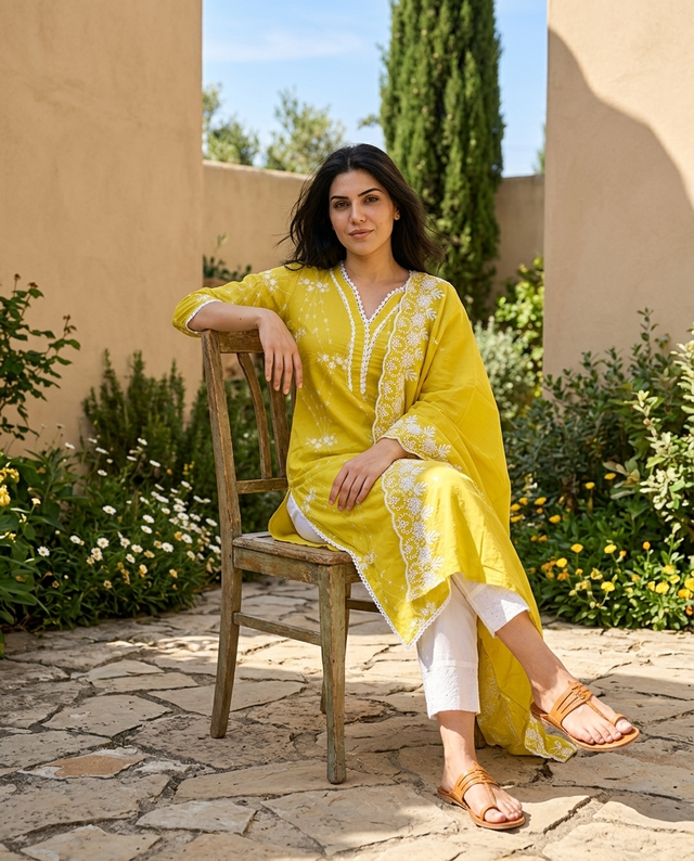Yellow Embroidered Pure Cotton Straight Kurta With Trouser & Dupatta