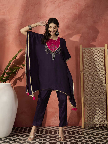 Burgundy Yoke Design Beads And Stones Round Neck Kaftan Kurta With Trousers