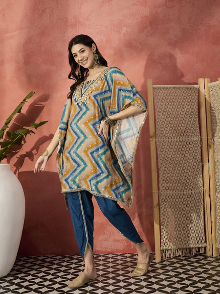 Blue Geometric Printed Yoke Design Mirror Work Kaftan Kurta With Dhoti Pants