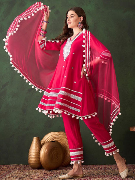 Pink Floral Embroidered Mirror Work A-Line Kurta With Trousers & Dupatta