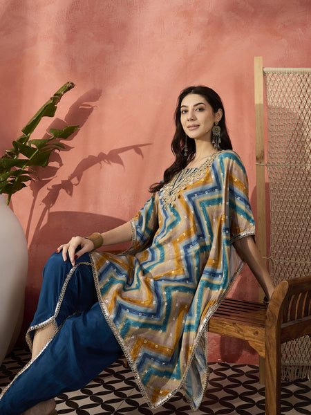 Blue Geometric Printed Yoke Design Mirror Work Kaftan Kurta With Dhoti Pants