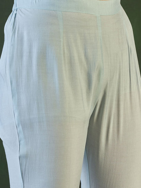 Turquoise Blue Geometric Embroidered Mirror Work Roman Silk Kurta With Trouser