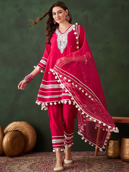 Pink Floral Embroidered Mirror Work A-Line Kurta With Trousers & Dupatta