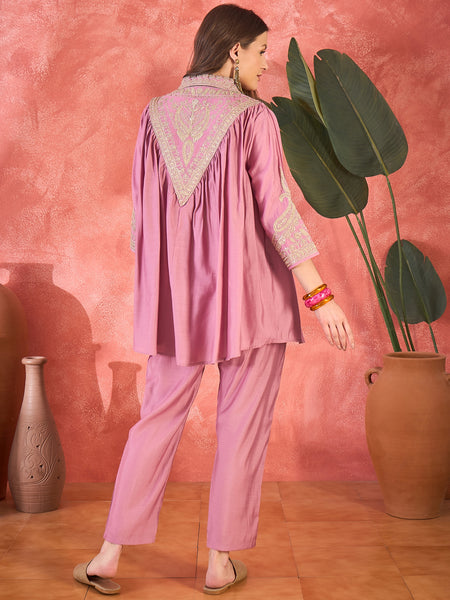 Mauve Floral Embellished Shirt Collar Tunic With Trouser Co-Ords Set