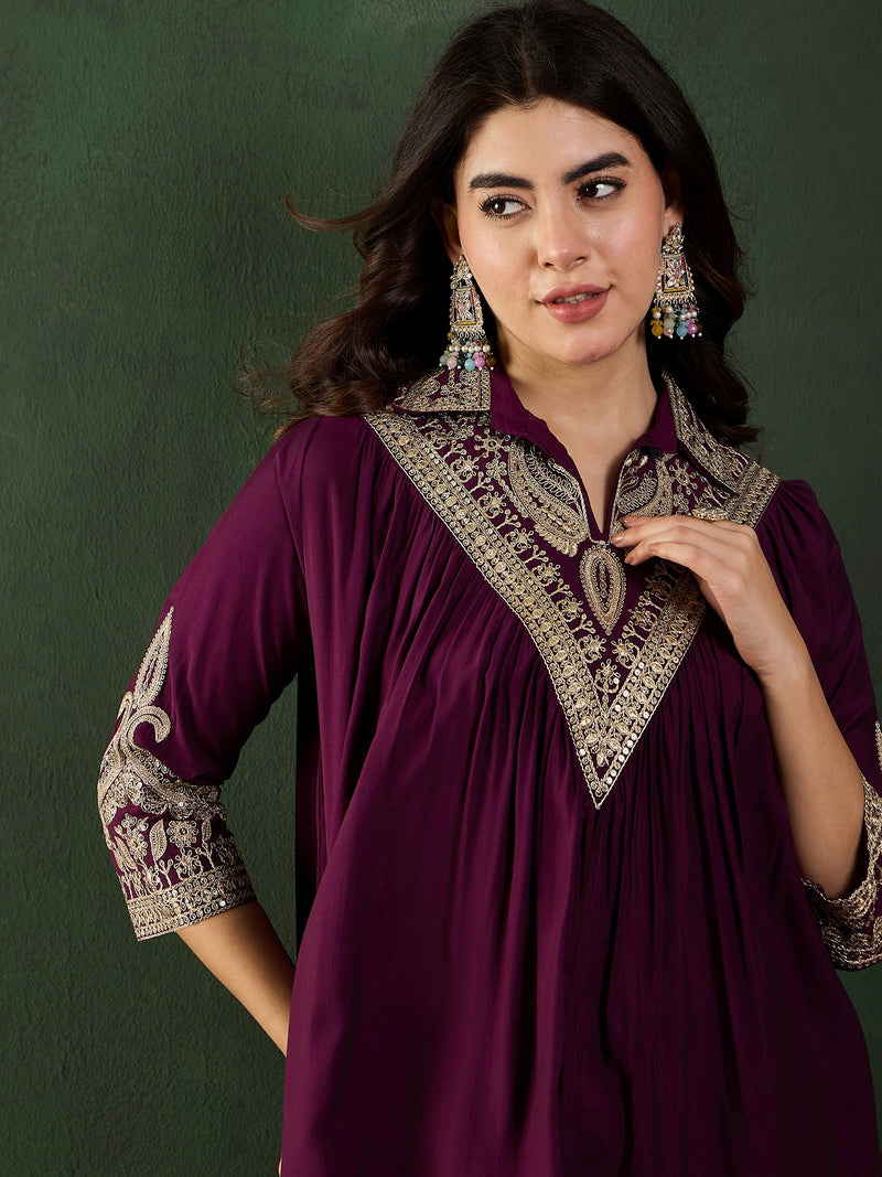 Wine Floral Embellished Shirt Collar Tunic With Trouser Co-Ords Set