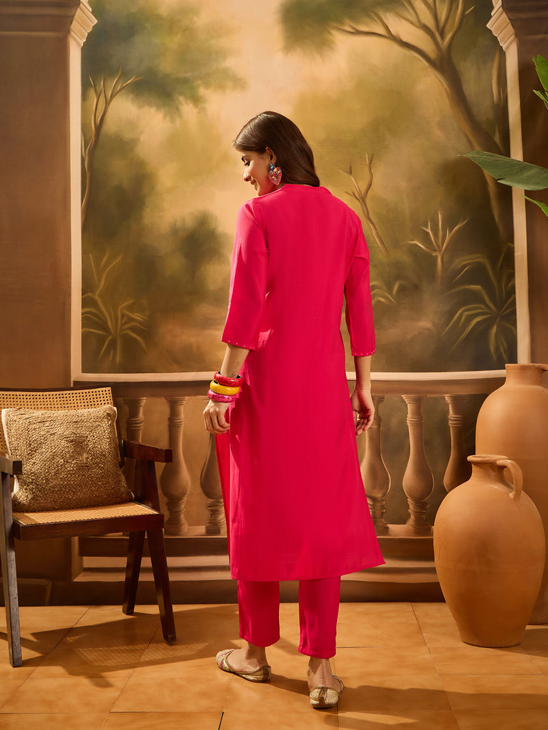 Fuchsia Geometric Embroidered Kurta Set