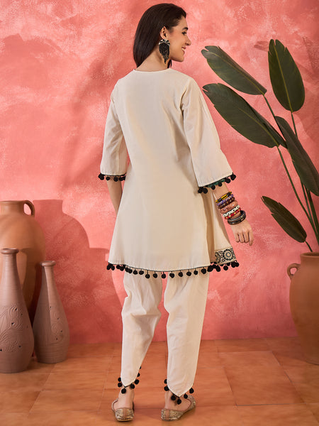 Off-White Embroidered Kurta Set with Pom-Pom Detailing