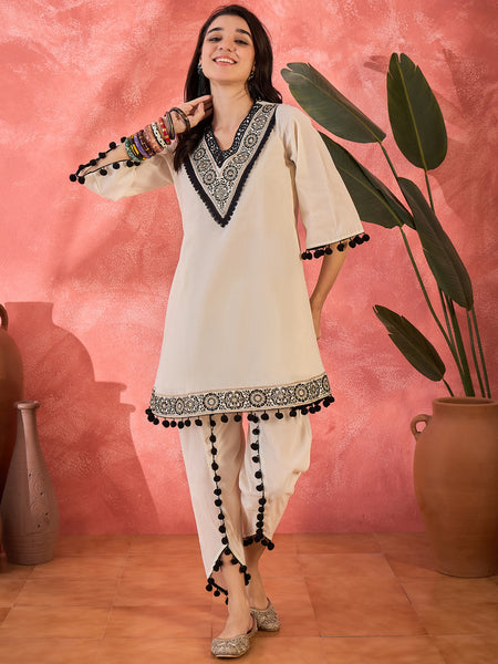 Off-White Embroidered Kurta Set with Pom-Pom Detailing