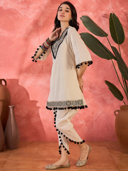Off-White Embroidered Kurta Set with Pom-Pom Detailing