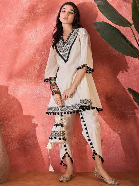 Off-White Embroidered Kurta Set with Pom-Pom Detailing