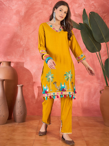 Yellow Embroidered Tunic With Trouser & Bags Co-Ords Set