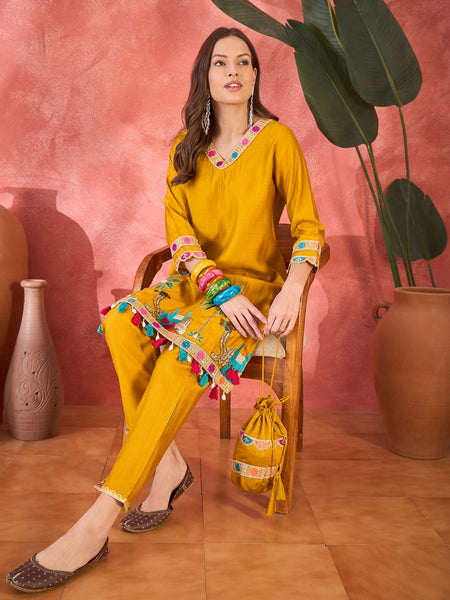 Yellow Embroidered Tunic With Trouser & Bags Co-Ords Set