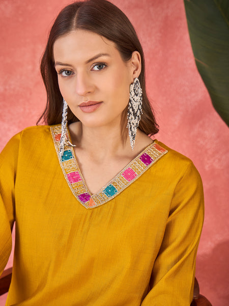 Yellow Embroidered Tunic With Trouser & Bags Co-Ords Set
