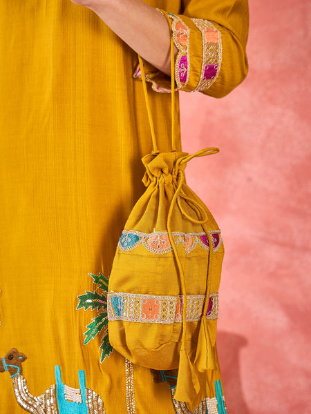 Yellow Embroidered Tunic With Trouser & Bags Co-Ords Set